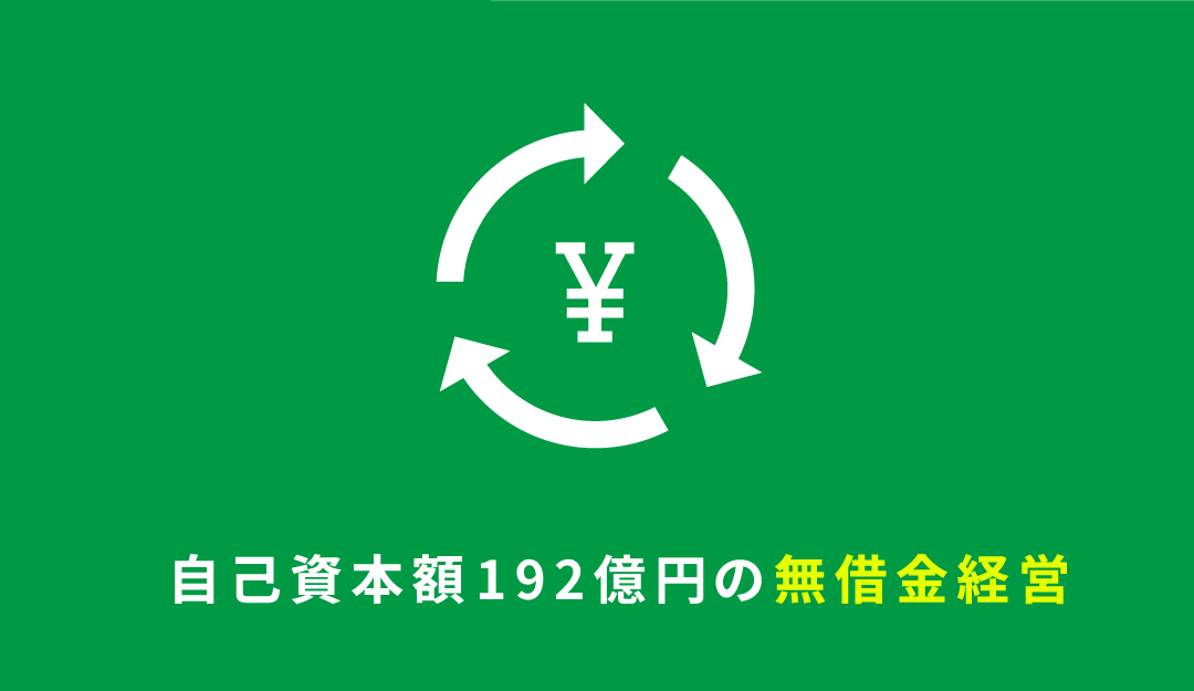 自己資本額164億円の無借金経営